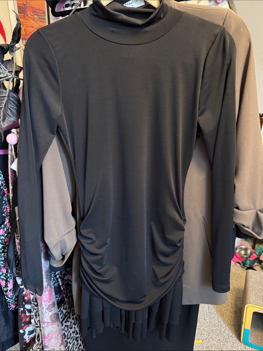 Long Sleeve Black Mockneck Dress with Ruched Detail